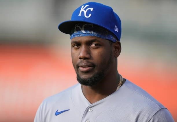 Jorge Soler of the Kansas City Royals looks on prior to the start of his game against the Oakland Athletics at RingCentral Coliseum on June 11, 2021...