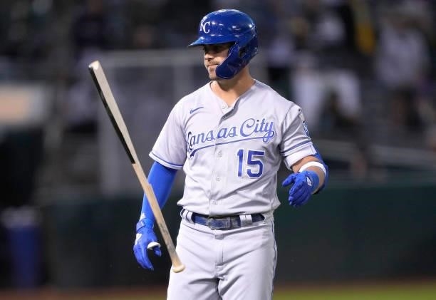 Whit Merrifield of the Kansas City Royals reacts after breaking his bat on a line out for the final out against the Oakland Athletics in the top of...