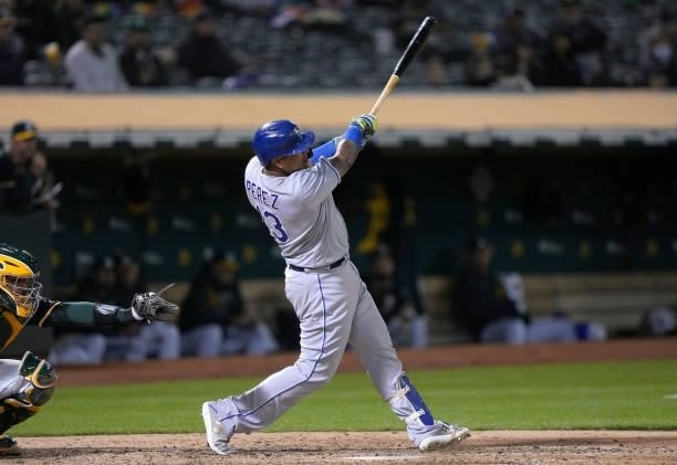 Salvador Perez of the Kansas City Royals hits a solo home run against the Oakland Athletics in the top of the eighth inning at RingCentral Coliseum...