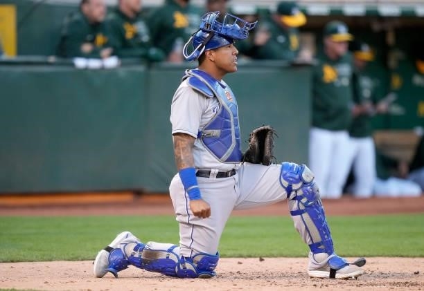 Salvador Perez of the Kansas City Royals looks on from his position against the Oakland Athletics in the bottom of the fourth inning at RingCentral...