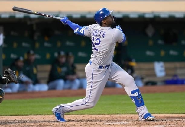 Jorge Soler of the Kansas City Royals bats against the Oakland Athletics in the top of the seventh inning at RingCentral Coliseum on June 11, 2021 in...
