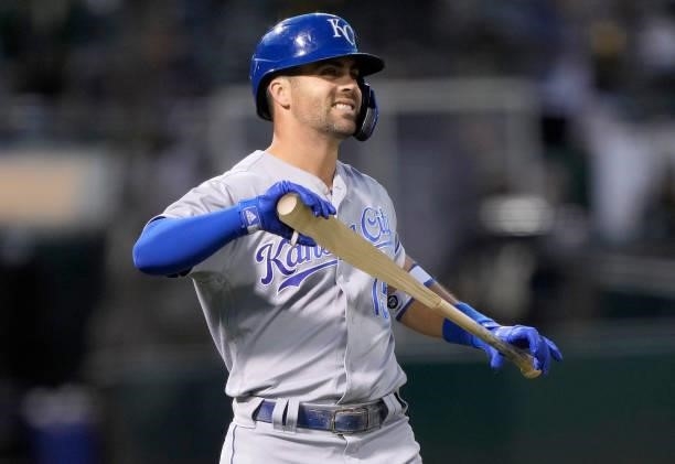 Whit Merrifield of the Kansas City Royals reacts after breaking his bat on a line out for the final out against the Oakland Athletics in the top of...