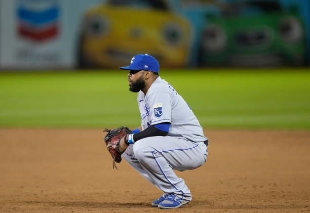 Carlos Santana of the Kansas City Royals looks on from his position against the Oakland Athletics in the bottom of the ninth inning at RingCentral...