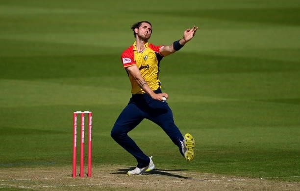 Jack Plom of Essex bowls during the Vitality T20 Blast match between Glamorgan and Essex at Sophia Gardens on June 13, 2021 in Cardiff, Wales.