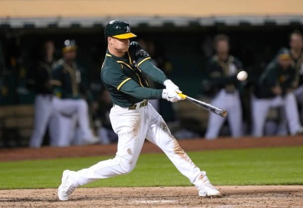 Matt Chapman of the Oakland Athletics bats against the Kansas City Royals in the bottom of the ninth inning at RingCentral Coliseum on June 11, 2021...