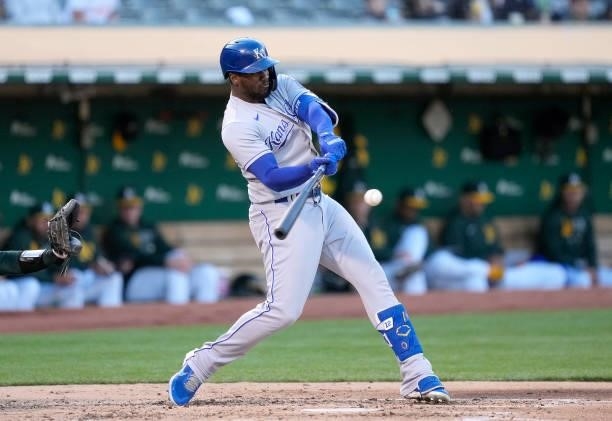 Jorge Soler of the Kansas City Royals bats against the Oakland Athletics in the top of the fourth inning at RingCentral Coliseum on June 11, 2021 in...