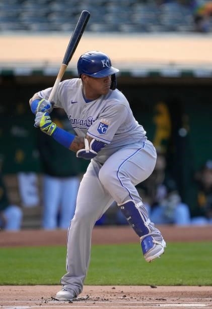 Salvador Perez of the Kansas City Royals bats against the Oakland Athletics in the top of the first inning at RingCentral Coliseum on June 11, 2021...