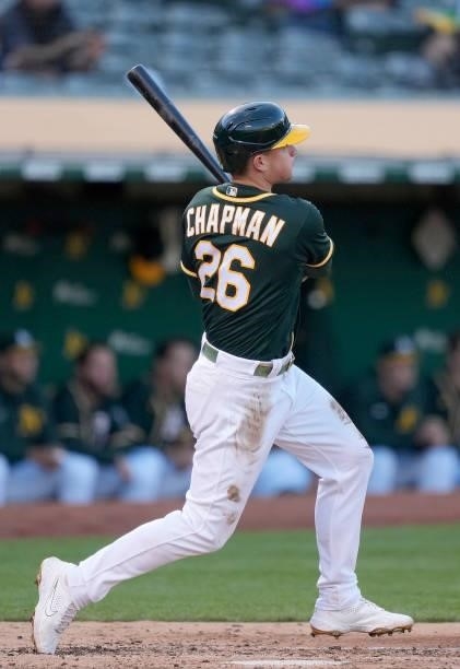 Matt Chapman of the Oakland Athletics bats against the Kansas City Royals in the bottom of the fourth inning at RingCentral Coliseum on June 11, 2021...