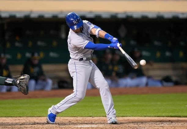 Whit Merrifield of the Kansas City Royals bats against the Oakland Athletics in the top of the seventh inning at RingCentral Coliseum on June 11,...