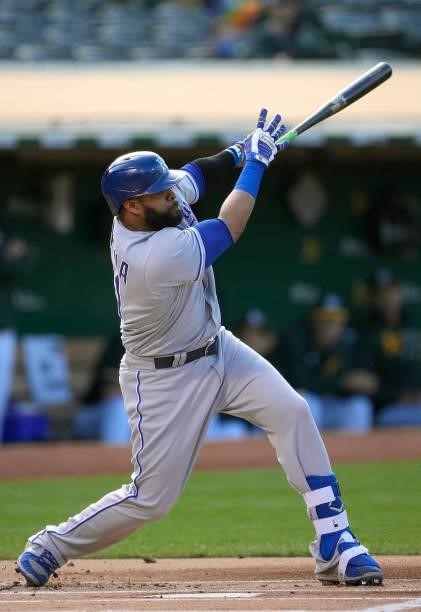 Carlos Santana of the Kansas City Royals bats against the Oakland Athletics in the top of the first inning at RingCentral Coliseum on June 11, 2021...