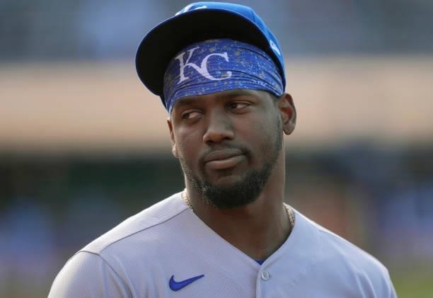 Jorge Soler of the Kansas City Royals looks on prior to the start of his game against the Oakland Athletics at RingCentral Coliseum on June 11, 2021...