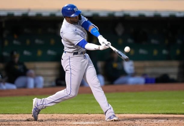 Kelvin Gutierrez of the Kansas City Royals bats against the Oakland Athletics in the top of the seventh inning at RingCentral Coliseum on June 11,...