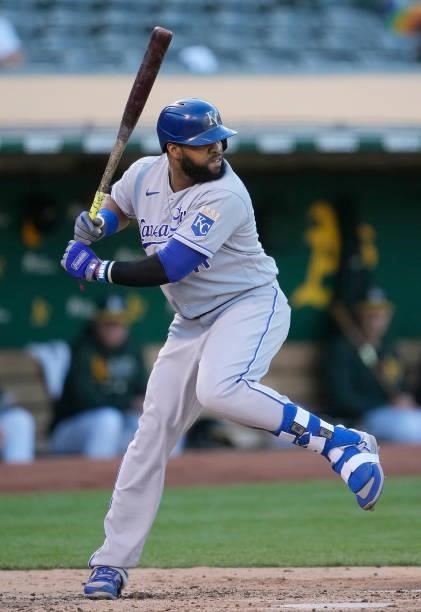 Carlos Santana of the Kansas City Royals bats against the Oakland Athletics in the top of the fourth inning at RingCentral Coliseum on June 11, 2021...