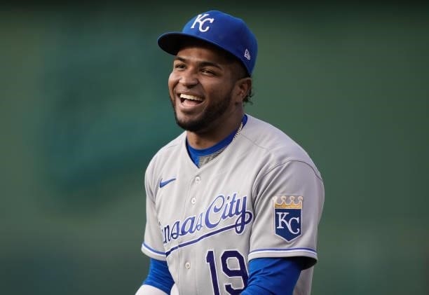 Kelvin Gutierrez of the Kansas City Royals looks on smiling prior to the start of his game against the Oakland Athletics at RingCentral Coliseum on...