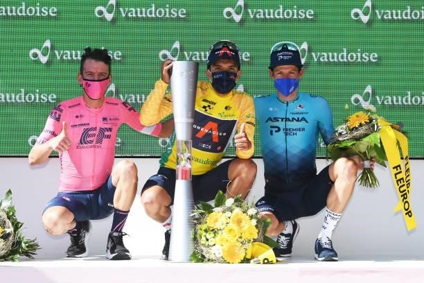 Rigoberto Uran Uran of Colombia and Team EF Education - Nippo 2nd place, Richard Carapaz of Ecuador and Team INEOS Grenadiers yellow leader jersey &...