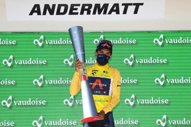 Richard Carapaz of Ecuador and Team INEOS Grenadiers yellow leader jersey celebrates at podium during the 84th Tour de Suisse 2021, Stage 8 a 159,5km...