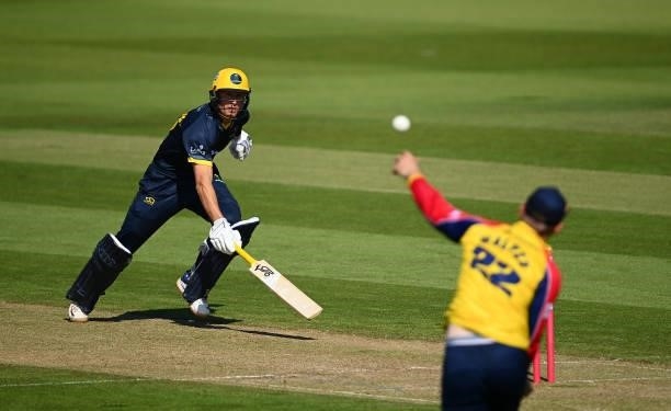 Marnus Labuschagne of Glamorgan attempts to make his ground as Paul Walter of Essex attempts a run out during the Vitality T20 Blast match between...