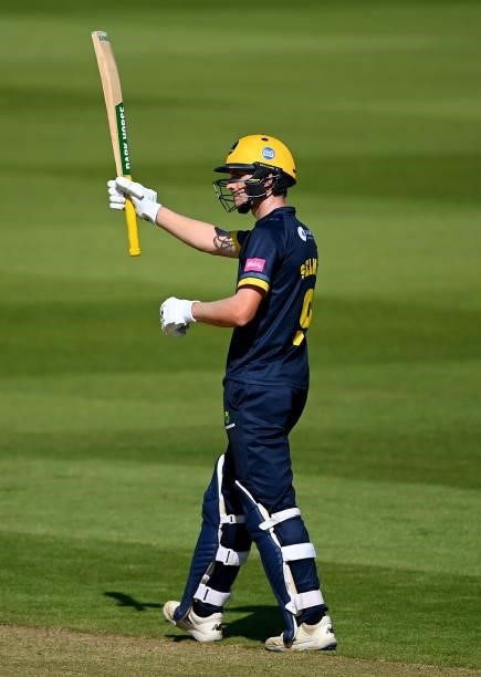 Nick Selman of Glamorgan celebrates reaching fifty during the Vitality T20 Blast match between Glamorgan and Essex at Sophia Gardens on June 13, 2021...