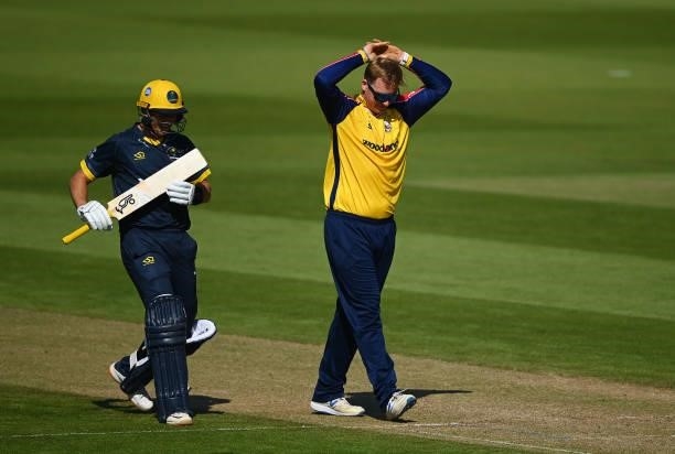Simon Harmer of Essex reacts watched on by Marnus Labuschagne of Glamorgan during the Vitality T20 Blast match between Glamorgan and Essex at Sophia...
