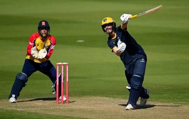Nick Selman of Glamorgan hits runs watched on by Will Buttleman of Glamorgan during the Vitality T20 Blast match between Glamorgan and Essex at...