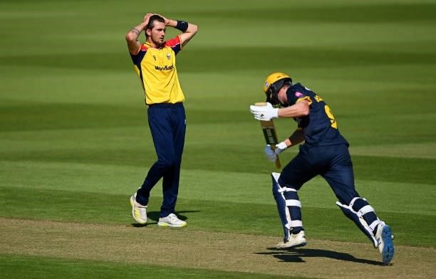 Jack Plom of Essex reacts during the Vitality T20 Blast match between Glamorgan and Essex at Sophia Gardens on June 13, 2021 in Cardiff, Wales.