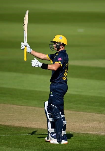 Marnus Labuschagne of Glamorgan celebrates reaching fifty during the Vitality T20 Blast match between Glamorgan and Essex at Sophia Gardens on June...