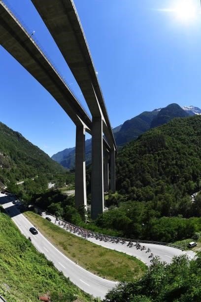 The peloton passing through Giornico landscape during the 84th Tour de Suisse 2021, Stage 8 a 159,5km stage from Andermatt to Andermatt / Bridge /...