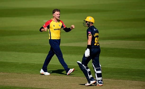 Sam Cook of Essex celebrates taking the wicket of Marnus Labuschagne of Glamorgan during the Vitality T20 Blast match between Glamorgan and Essex at...