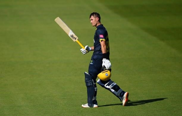 Marnus Labuschagne of Glamorgan walks off after being dismissed during the Vitality T20 Blast match between Glamorgan and Essex at Sophia Gardens on...