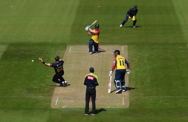 Dan Douthwaite of Glamorgan misses a chance from a shot off Jimmy Neesham of Essex during the Vitality T20 Blast match between Glamorgan and Essex at...