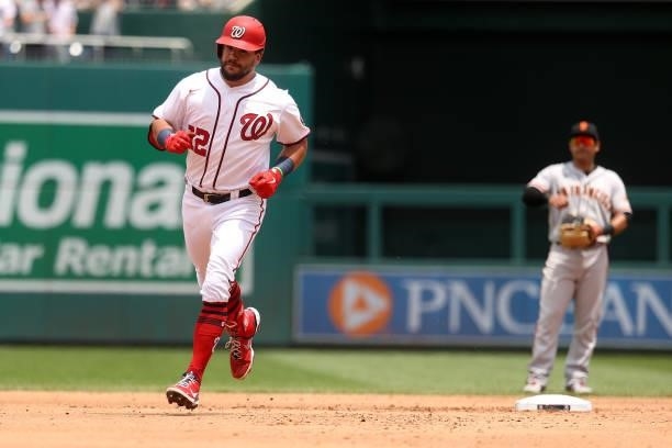 Kyle Schwarber of the Washington Nationals rounds the bases after hitting a three run home run in the second inning against the San Francisco Giants...