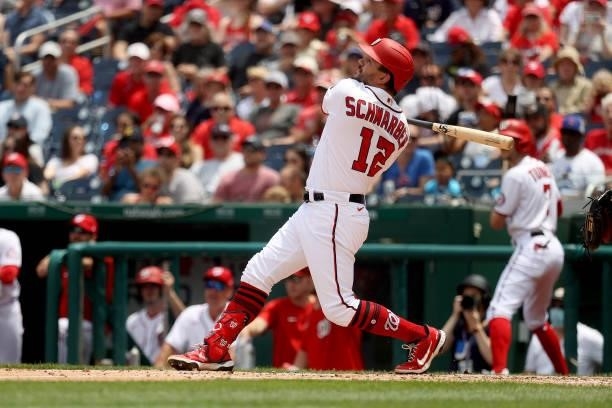 Kyle Schwarber of the Washington Nationals follows his three run home run in the second inning against the San Francisco Giants at Nationals Park on...