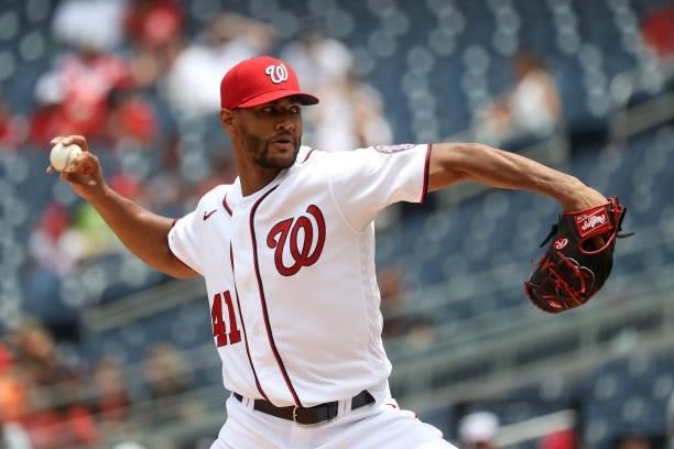 Starting pitcher Joe Ross of the Washington Nationals throws to a San Francisco Giants batter in the second inning at Nationals Park on June 13, 2021...