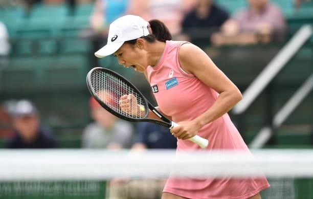 Shuai Zhang of China celebrates after winning a point against Johanna Konta of Great Britain during the women's singles match at Nottingham Tennis...