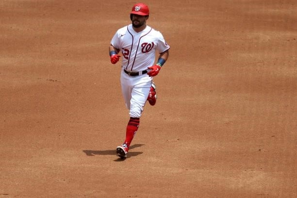 Kyle Schwarber of the Washington Nationals rounds the bases after hitting a solo home run in the first inning against the San Francisco Giants at...
