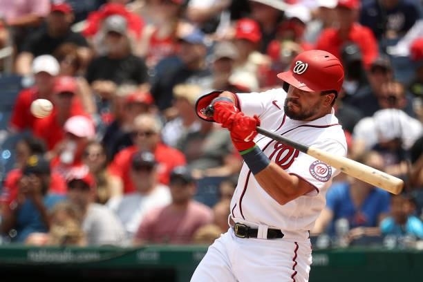 Kyle Schwarber of the Washington Nationals hits a three run home run in the second inning against the San Francisco Giants at Nationals Park on June...