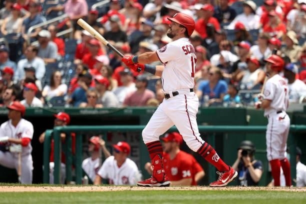 Kyle Schwarber of the Washington Nationals follows his three run home run in the second inning against the San Francisco Giants at Nationals Park on...