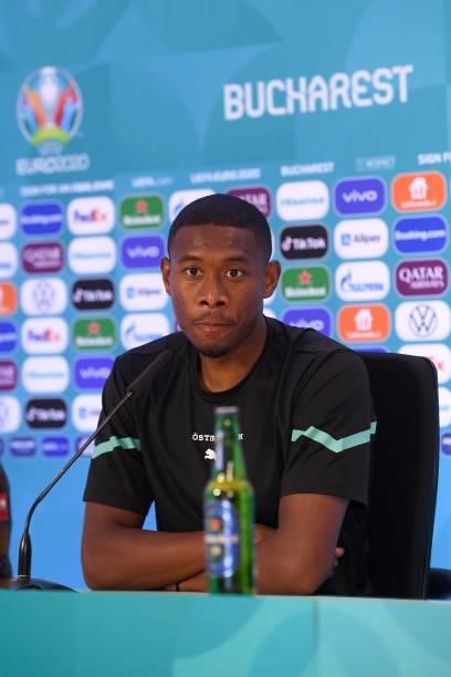 In this Handout picture provided by UEFA , David Alaba of Austria speaks to the media during the Austria Press Conference after the UEFA Euro 2020...