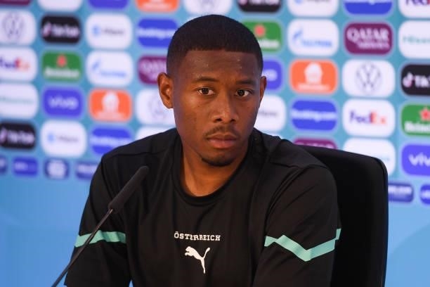In this Handout picture provided by UEFA , David Alaba of Austria speaks to the media during the Austria Press Conference after the UEFA Euro 2020...