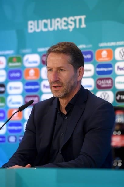 In this Handout picture provided by UEFA, Franco Foda, Head Coach of Austria speaks to the media during the Austria Press Conference after the UEFA...