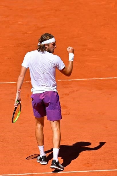 Stefanos Tsitsipas of Greece reacts in his Men's Singles Final match against Novak Djokovic of Serbia during Day Fifteen of the 2021 French Open at...