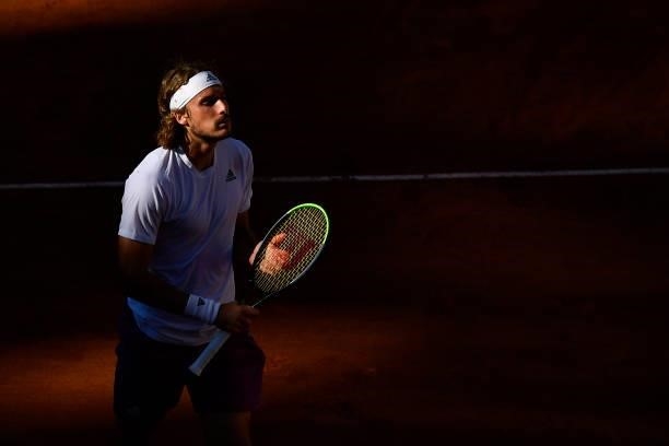 Stefanos Tsitsipas of Greece looks on in his Men's Singles Final match against Novak Djokovic of Serbia during Day Fifteen of the 2021 French Open at...