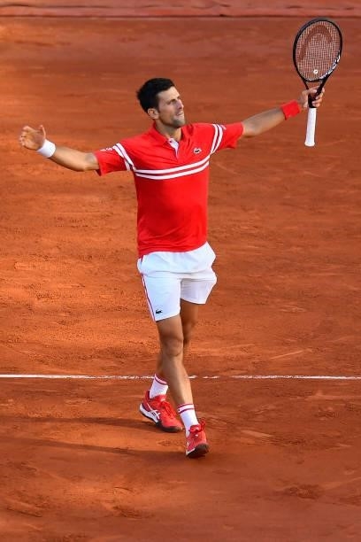 Novak Djokovic of Serbia reacts in his Men's Singles Final match against Stefanos Tsitsipas of Greece during Day Fifteen of the 2021 French Open at...