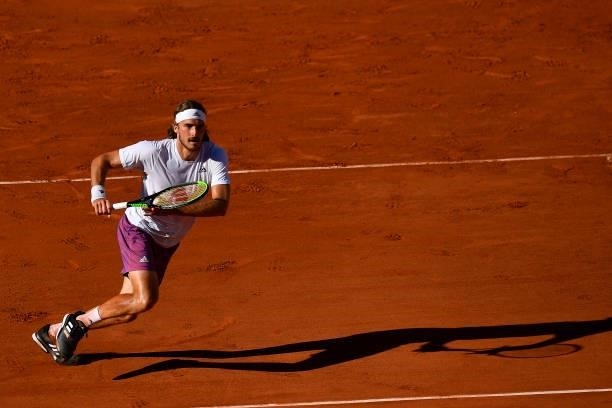 Stefanos Tsitsipas of Greece in action in his Men's Singles Final match against Novak Djokovic of Serbia during Day Fifteen of the 2021 French Open...