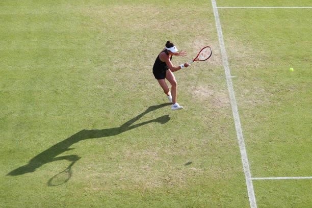 Elena Gabriela Ruse of Romania plays a forehand during day 1 of the Nottingham Trophy at Nottingham Tennis Centre on June 13, 2021 in Nottingham,...