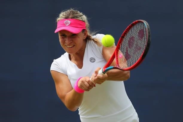 Jana Fett of Croatia hits a backhand during day 1 of the Nottingham Trophy at Nottingham Tennis Centre on June 13, 2021 in Nottingham, England.