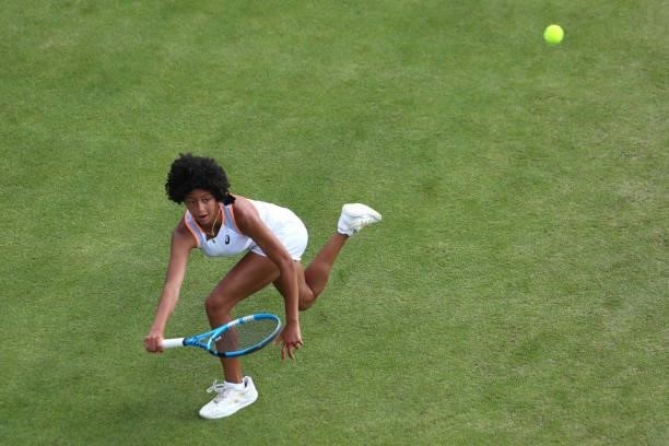 Ranah Akua Stoiber of Great Britain in action during day 1 of the Nottingham Trophy at Nottingham Tennis Centre on June 13, 2021 in Nottingham,...