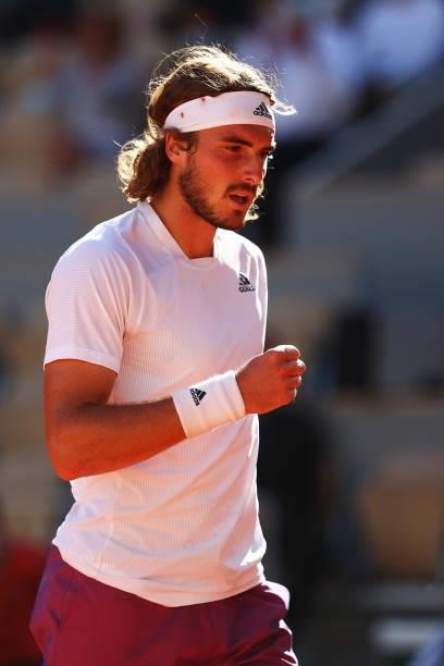 Stefanos Tsitsipas of Greece celebrates in his Men's Singles Final match against Novak Djokovic of Serbia during Day Fifteen of the 2021 French Open...