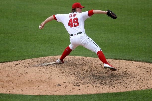 Sam Clay of the Washington Nationals pitches to a San Francisco Giants batter in the ninth inning at Nationals Park on June 13, 2021 in Washington,...