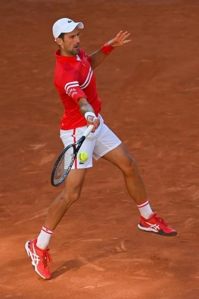 Novak Djokovic of Serbia in action in his Men's Singles Final match against Stefanos Tsitsipas of Greece during Day Fifteen of the 2021 French Open...